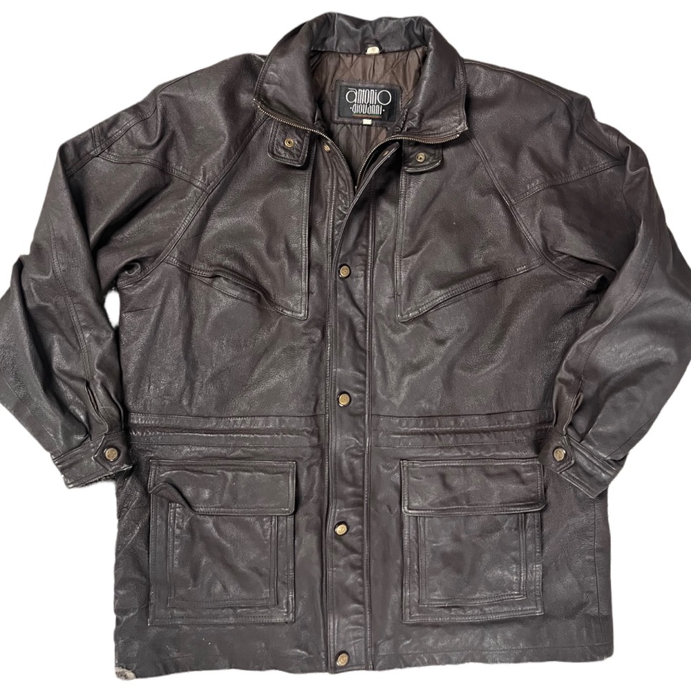 Antonio Giovanni Brown Leather Men’s Trench Coat - Size Large